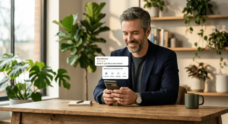 Propietario de negocio local sonriendo al recibir y contestar una reseña de Google de cinco estrellas en su teléfono móvil.