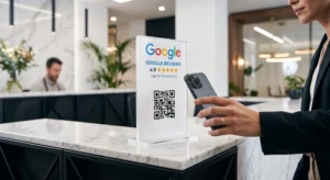Cliente escaneando un código QR para dejar una reseña en Google con su teléfono móvil en el mostrador de un negocio.
