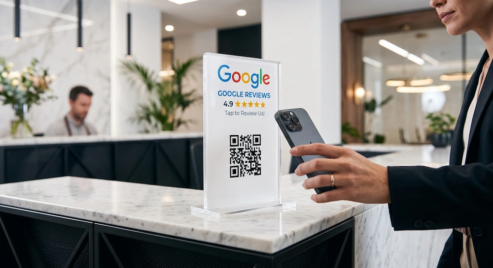 Cliente escaneando un código QR para dejar una reseña en Google con su teléfono móvil en el mostrador de un negocio.