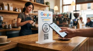 Cliente usando una tarjeta NFC para dejar una reseña en Google con su móvil en el mostrador de un negocio local.