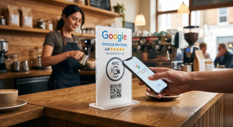 Cliente usando una tarjeta NFC para dejar una reseña en Google con su móvil en el mostrador de un negocio local.