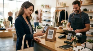 Cliente escaneando con su teléfono móvil un soporte con código QR en el mostrador para dejar una reseña en Google.