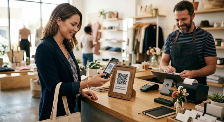 Cliente escaneando con su teléfono móvil un soporte con código QR en el mostrador para dejar una reseña en Google.